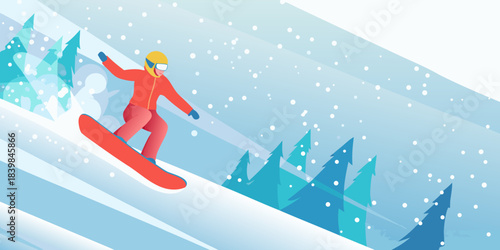 A lone snowboarder gracefully descends a snowy mountain slope in winter