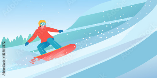 A snowboarder gliding down a snowy slope enjoying winter sports