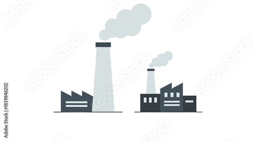 Flat industrial scene with two factories emitting smoke on a white background