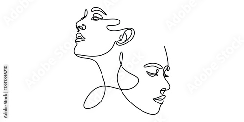 Minimalist continuous line art drawing of two female faces
