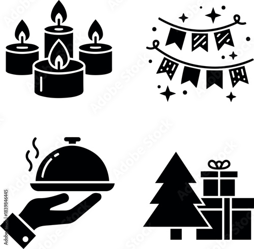 Diverse Celebration and Event Icons Set: Holidays, Parties, and Dining