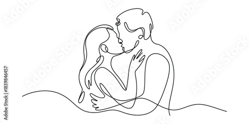 Minimalist one line drawing of couple embracing and kissing