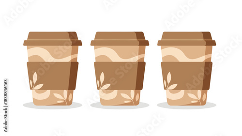 Flat lay of three brown paper coffee cups with leaf designs on a white background.