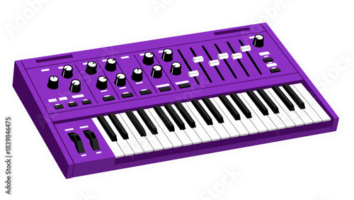 Purple Electronic Synthesizer Keyboard With White Keys And Black Knobs Isolated On White Background Detailed Musical Instrument For Electronic Music Production And Performance Studio Equipment