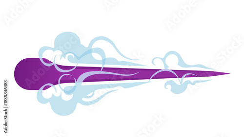 Purple energy beam with light blue smoke clouds emanating from a dark purple oval shape on a black background illustrating magical or sci-fi power effect