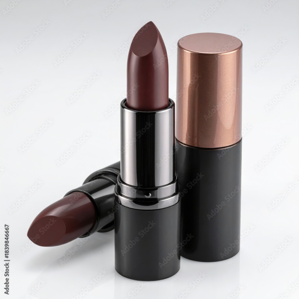 Obraz premium Lipsticks Dark Red on White Background Beauty Still Life