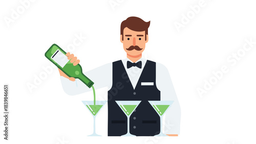 Professional Bartender in Uniform Pours Green Cocktail into Martini Glasses in a Stylized Illustration With a Moustache and Bow Tie on a Black Background