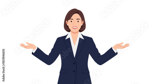 Professional Businesswoman in a Dark Blue Suit Gesturing Openly with Both Hands Smiling Confidently Against a Transparent Background