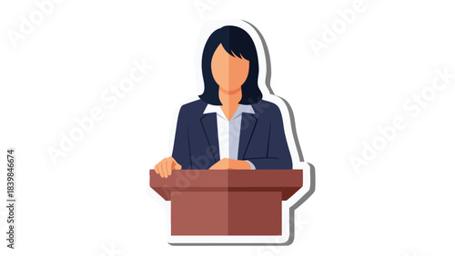Professional Businesswoman Standing Behind a Podium Delivering a Presentation in a Formal Business Suit with White Blouse and Dark Hair in a Neutral Background
