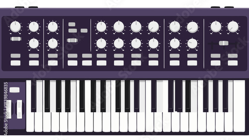 Purple Analog Synthesizer Keyboard with Many Knobs and Switches on a Dark Background, Electronic Music Production Instrument, Vintage Style, Studio Equipment, Audio Synthesizer, Retro Design