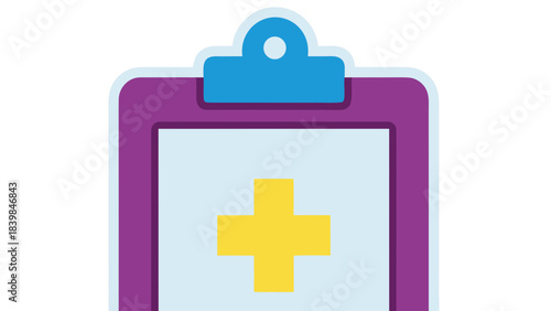 Purple clipboard with a bright yellow cross symbol displayed on a light blue background signifying medical healthcare or health checkup graphic illustration