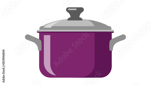 Purple Cooking Pot With Silver Lid and Handles Isolated on Black Background Simple Kitchenware Illustration