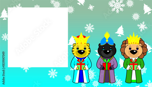 The Three Kings animals character cartoon pictureframe in vector format