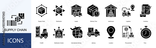 supply chain icon collection set. Containing Distribution, supply, Delivery Time, warehouse, Logistics, inventory icon
