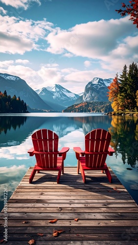 Two red chairs face majestic mountains over a tranquil lake