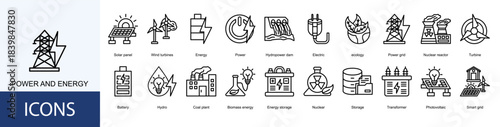 power and energy icon collection set. Containing Solar panel, Wind turbines, Energy, Power, Hydropower dam, Electric, ecology icon