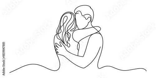 Minimalist one line drawing of a couple embracing