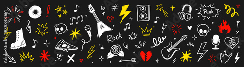Hand drawn doodle music icons with rock elements, lightning bolts and graffiti style tattoo stickers for creative band designs on chalkboard. Marker sketch music icons. Vector illustration