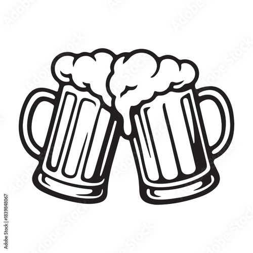 Two mugs of frothy beer clinking together celebrating good times and friendship