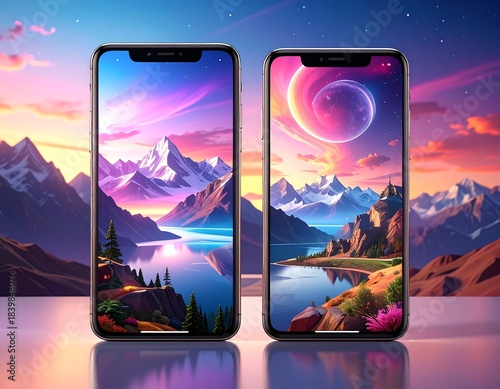 Two smartphones show vibrant landscape backgrounds with mountains and water
