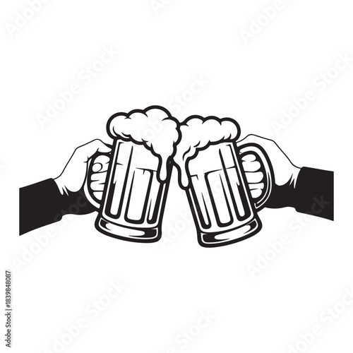Two hands clinking beer mugs together celebrating with frothy beer cheers in a fun graphic style