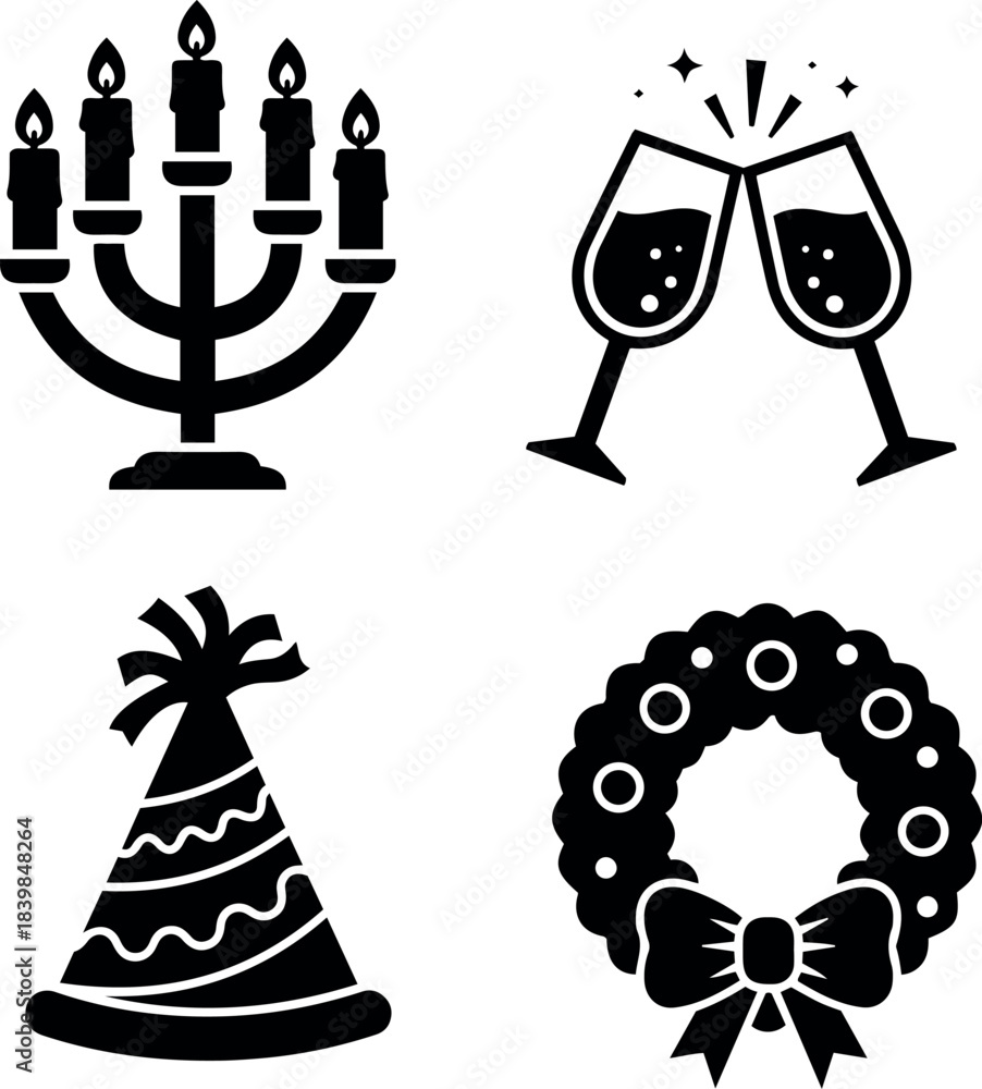 Naklejka premium Festive Holiday Celebration Icons Set: Menorah, Champagne, Party Hat, Wreath