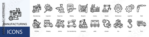 manufacturing icon collection set. Containing Welding, Blueprint, industry, Robotic, Maintenance, cogwheel icon