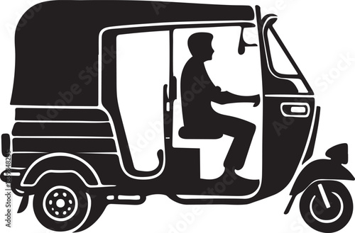 Auto-rickshaw silhouette illustration of driver in classic tuk-tuk profile
