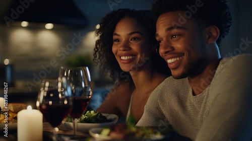 Happy couple enjoys romantic dinner at home, watching TV