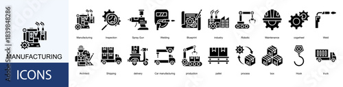 manufacturing icon collection set. Containing Welding, Blueprint, industry, Robotic, Maintenance, cogwheel icon