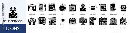 self service icon collection set. Containing Changing Room, Fuel Pump, Laundry Service, time, Library icon