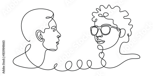 Two people talking continuous line art portrait, communication concept