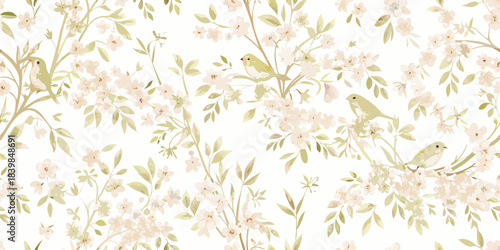Delicate floral pattern with small birds perched among blossoming branches