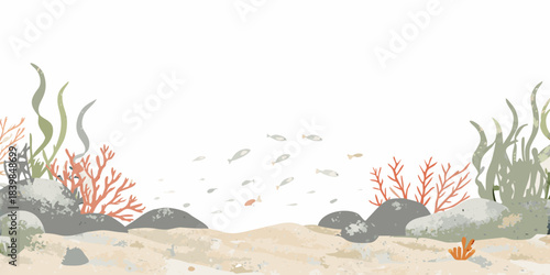 A serene underwater scene featuring coral rocks and small fish