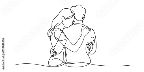 Continuous line drawing of a couple hugging