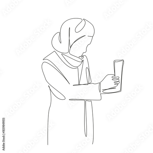 One continuous single drawing line art flat doodle stethoscope, doctor, medicine, female, muslim, medicals, uniform. Isolated image hand draw contour on a white background, hand drawn, not AI