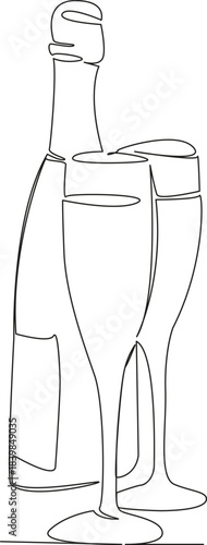 One continuous single drawing line art flat doodle gold, party, bubble, celebration, drink, alcohol, sparkling. Isolated image hand draw contour on a white background, hand drawn, not AI