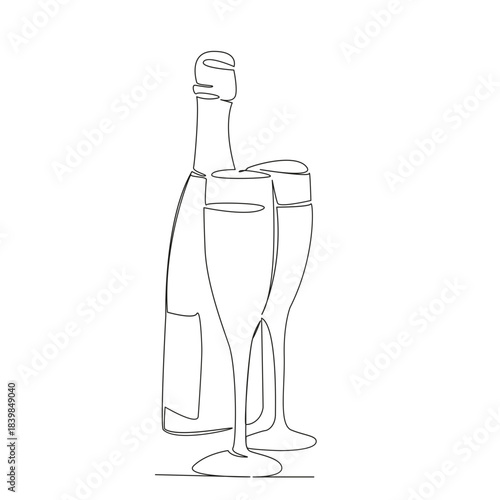 One continuous single drawing line art flat doodle gold, party, bubble, celebration, drink, alcohol, sparkling. Isolated image hand draw contour on a white background, hand drawn, not AI