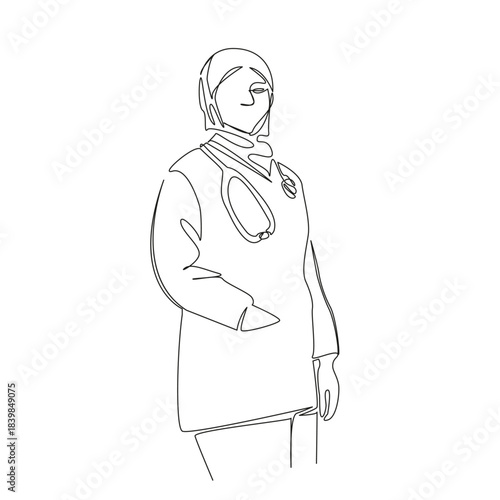 One continuous single drawing line art flat doodle woman, doctor, hospital, muslim, stethoscope, health care, professional. Isolated image hand draw contour on a white background, hand drawn, not AI