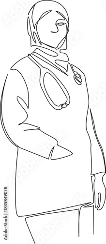 One continuous single drawing line art flat doodle woman, doctor, hospital, muslim, stethoscope, health care, professional. Isolated image hand draw contour on a white background, hand drawn, not AI