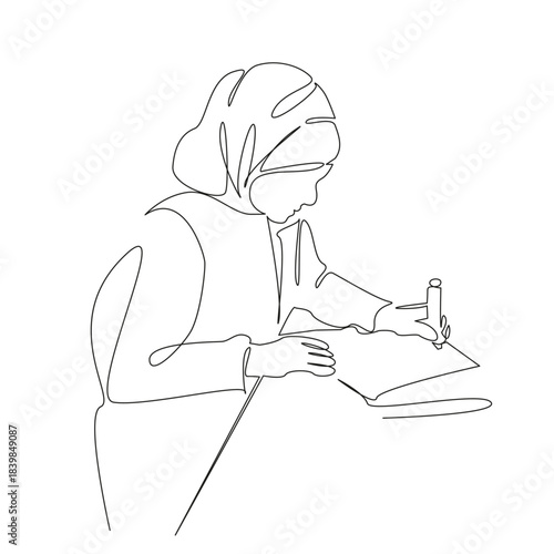 One continuous single drawing line art flat doodle muslim, woman, creativity, designer, work, design, traditional. Isolated image hand draw contour on a white background, hand drawn, not AI