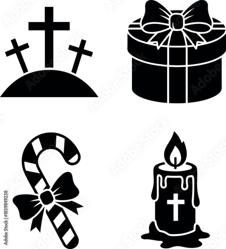 Christianity and Holiday Celebration Icons Set: Crosses, Gift, Candy Cane, Candle