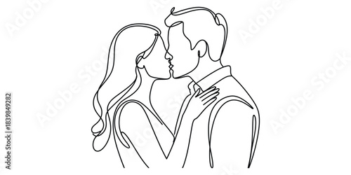 One line drawing of a couple kissing, minimalist continuous line art