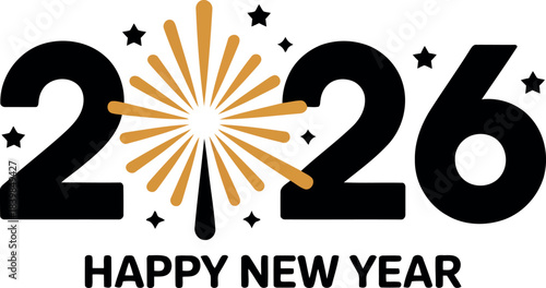 Black and gold 2026 Happy New Year graphic with stars and fireworks celebration holiday