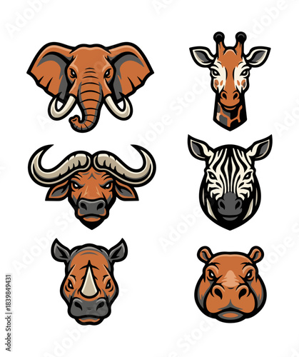 Wildlife animal head collection illustration on black background