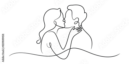 Minimalist one line drawing of couple kissing in love