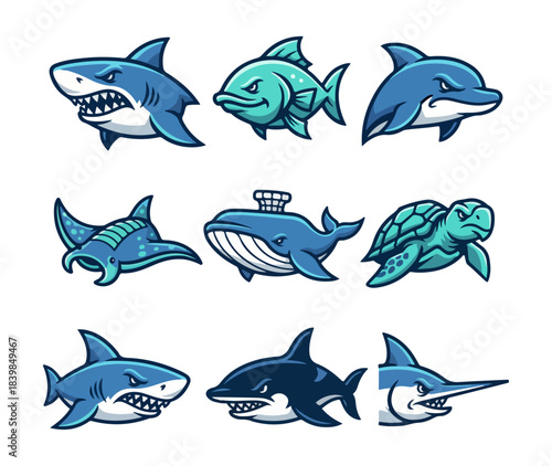 Cartoon aquatic creatures illustration set with various marine animals