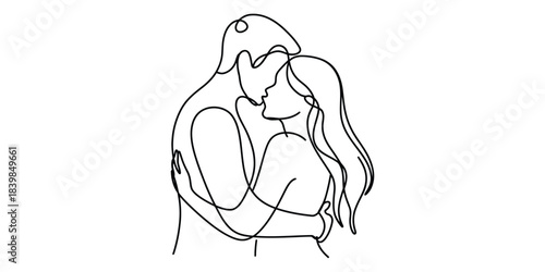 Minimalist one line drawing of couple embracing in love