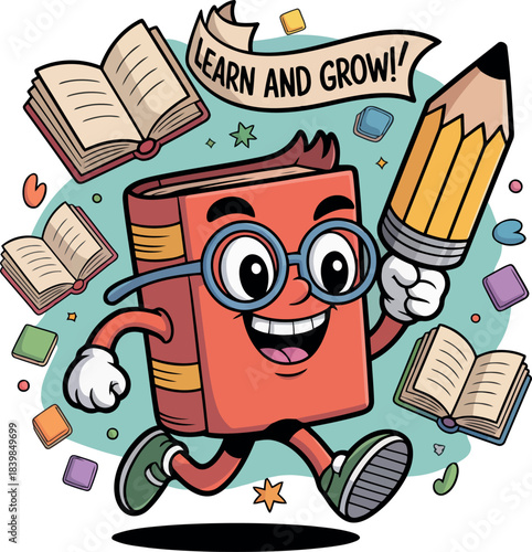 Cartoon book character with glasses running with a large pencil vector