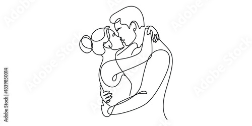 Continuous one line drawing of a couple kissing and embracing passionately